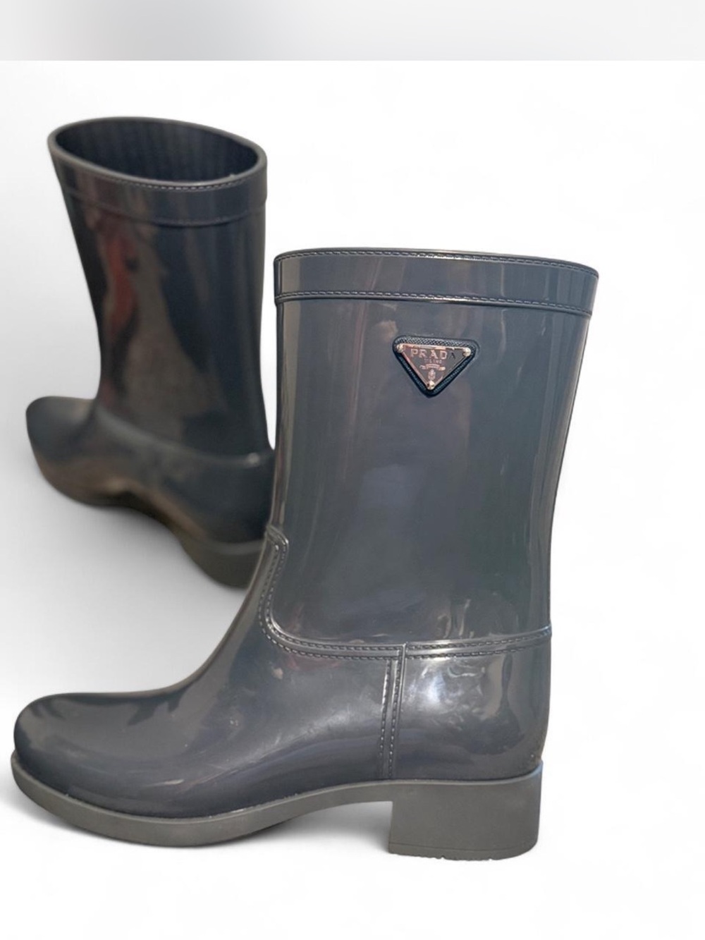 Prada Women's Glossy Charcoal Short Rain Boots